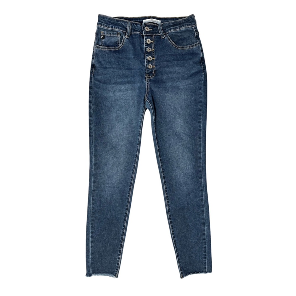 KanCan Button Fly High Rise Dark Wash Blue Denim Stretch Jeans Cut Hem Womens 28